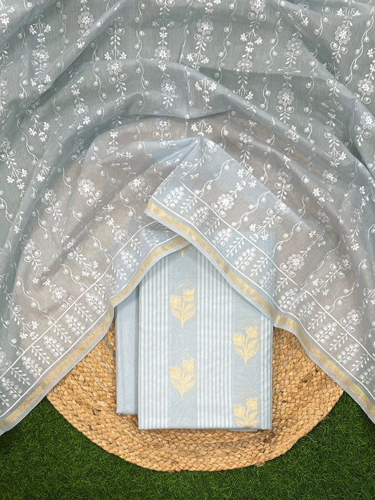 Banarasi Chanderi Booti Fancy Stripe Unstitched Suit