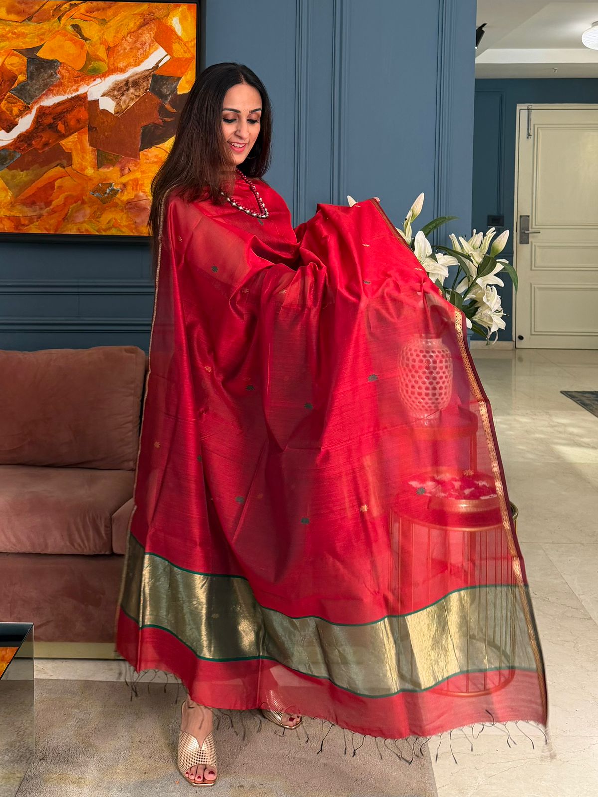 Pure Maheswari Silk Cotton Handwoven Unstitch Suit.