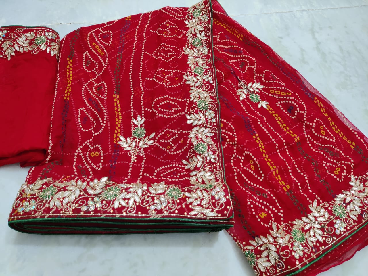 Pure Georgette Bandhej Gota Patti Work Saree