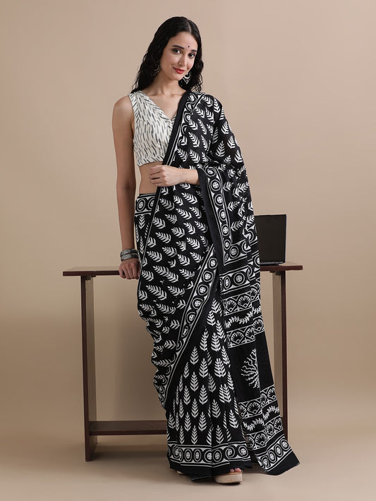 Pure Mulmul Cotton Hand Block Printed Saree With Running Blouse.