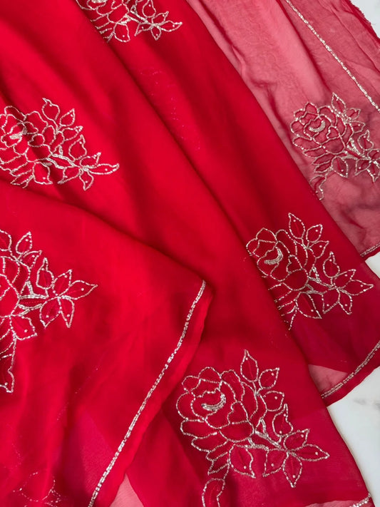 Pure Diamond Chiffon Hand Work Saree.