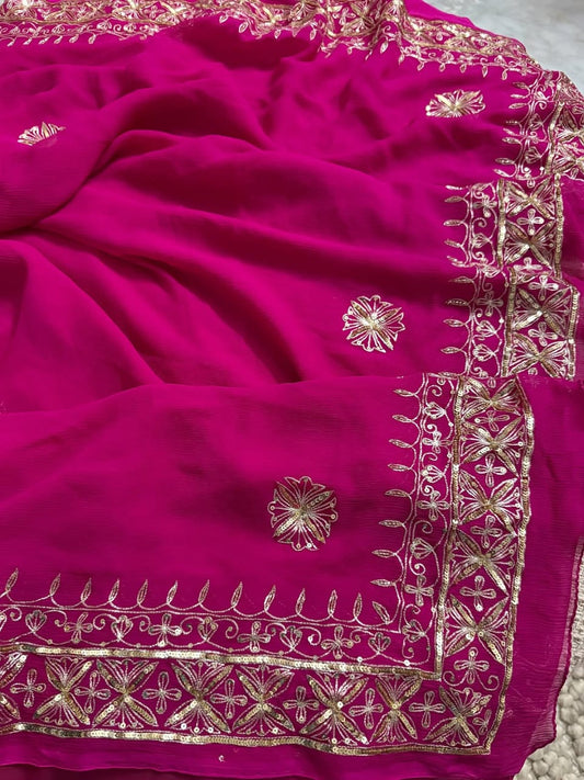 Rani Color Pure Diamond Chiffon sequence Hand Work Saree.