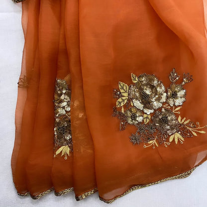 Pure Diamond Chiffon Catdana Hand Work Saree.