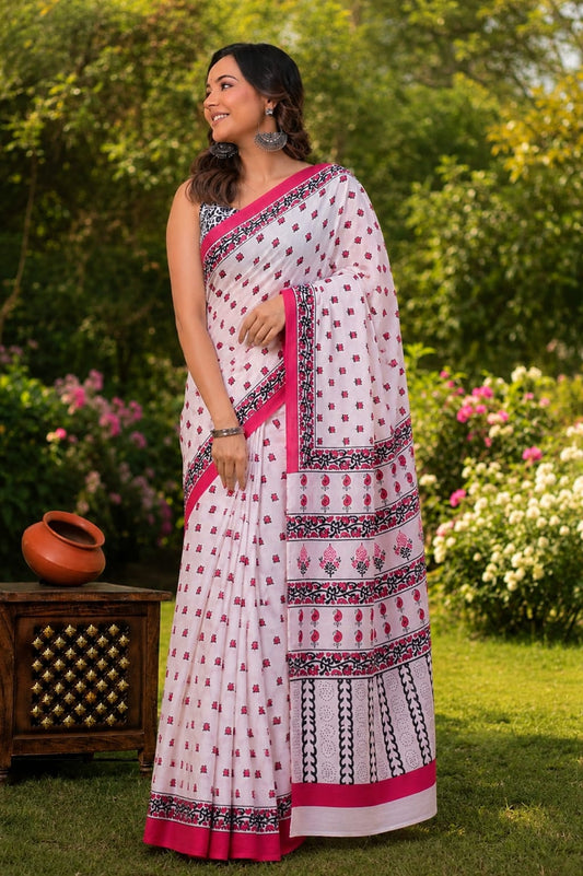 Pure Cotton Hand Block Printed Saree With Blouse.