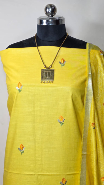 BHAGALPURI COTTON LINEN EMBROIDERY UNSTITCHED SUIT.