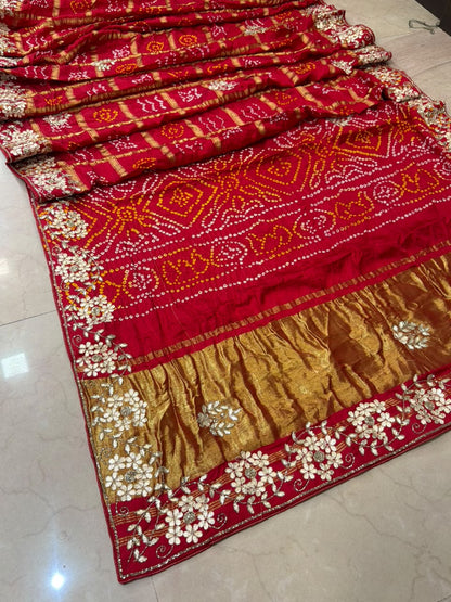 Pure Modal Gajji Silk Bandhej Hand work Gota Patti Work Saree.