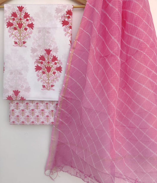 Pure Cotton Hand Block Printed Unstitched Suits with Kota doriya Dupatta