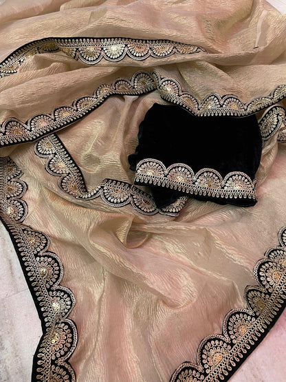 Banarasi Crush Tissue lace Work Soft Silk Saree.