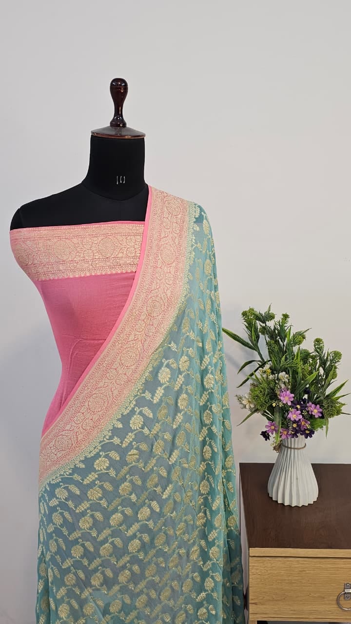 Pure Handloom Khaddi Georgette Saree Zari Work.