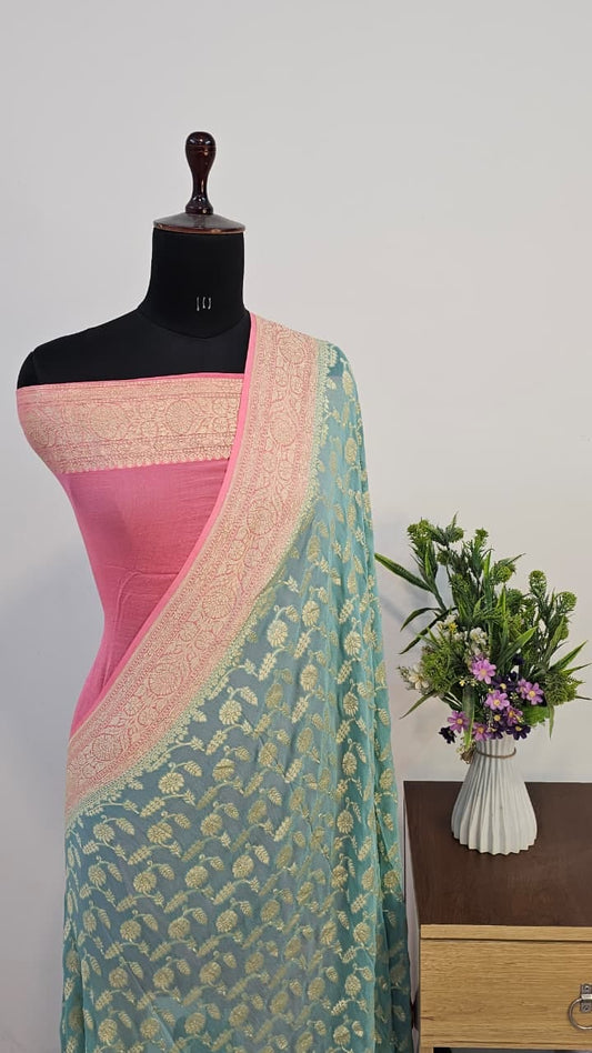 Pure Handloom Khaddi Georgette Saree Zari Work.