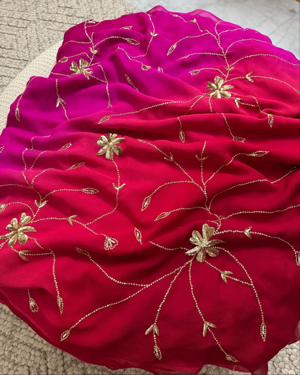 Pure Diamond Chiffon Hand Work Saree With Blouse.