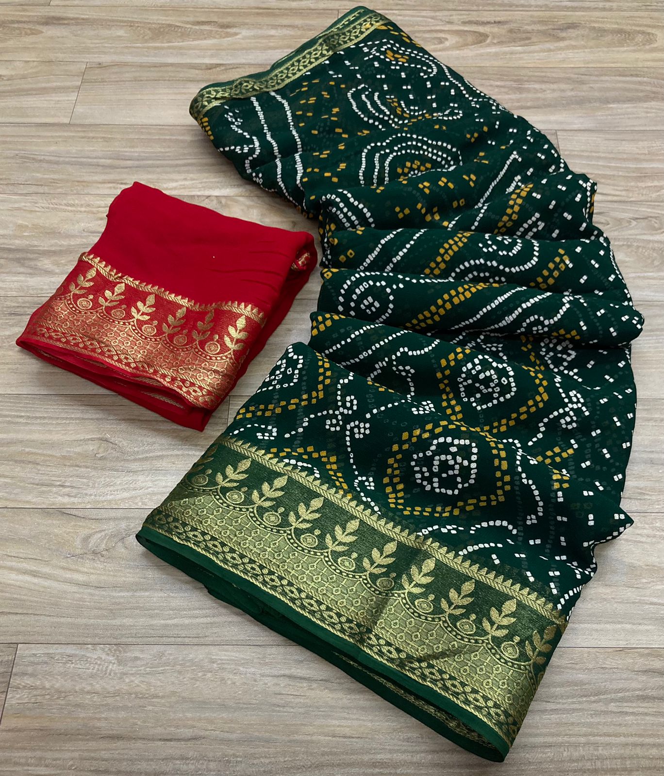 Pure Georgette Bandhej Print With Beautiful Zari Border Saree