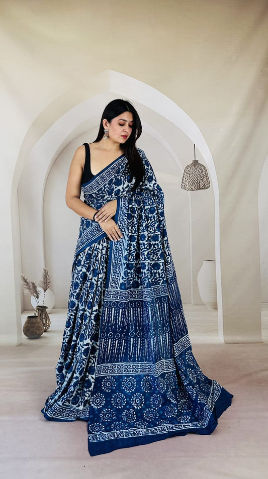 Pure Mulmul Cotton Hand Block Printed Saree With Running Blouse.