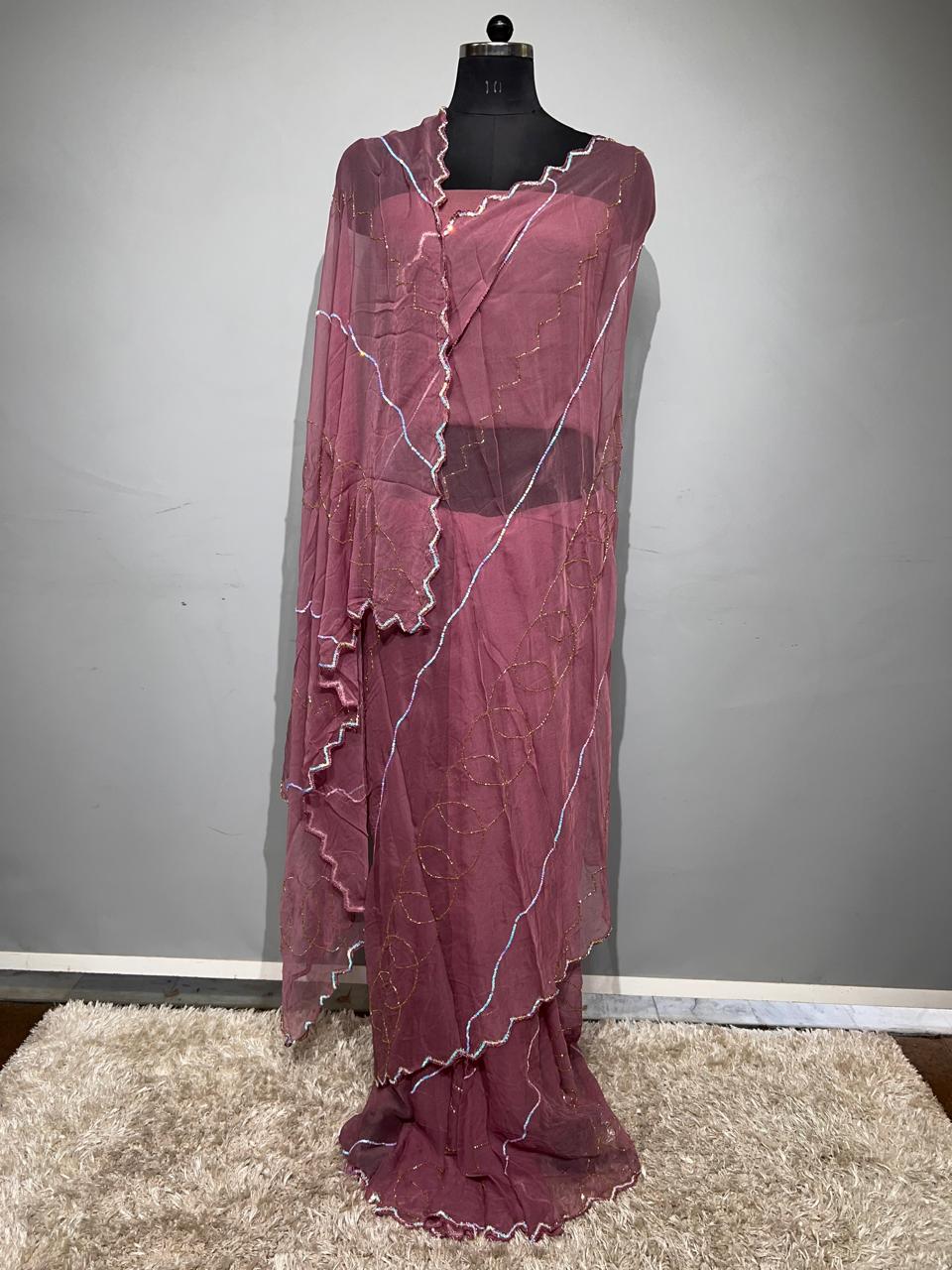 Beautiful Pure Diamond chiffon Hand Sikvans & kardana Work Full jaal Saree