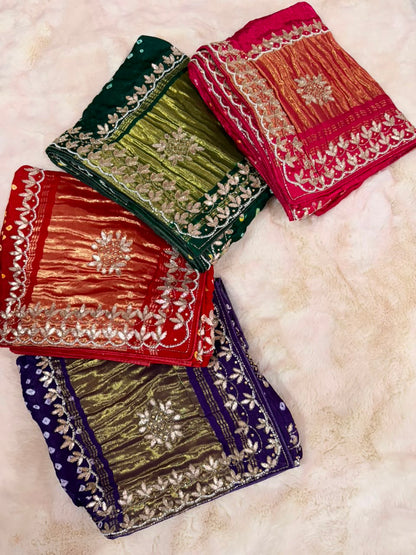Pure Modal Gajji Silk Bandhej Hand work Gota Patti Work Saree