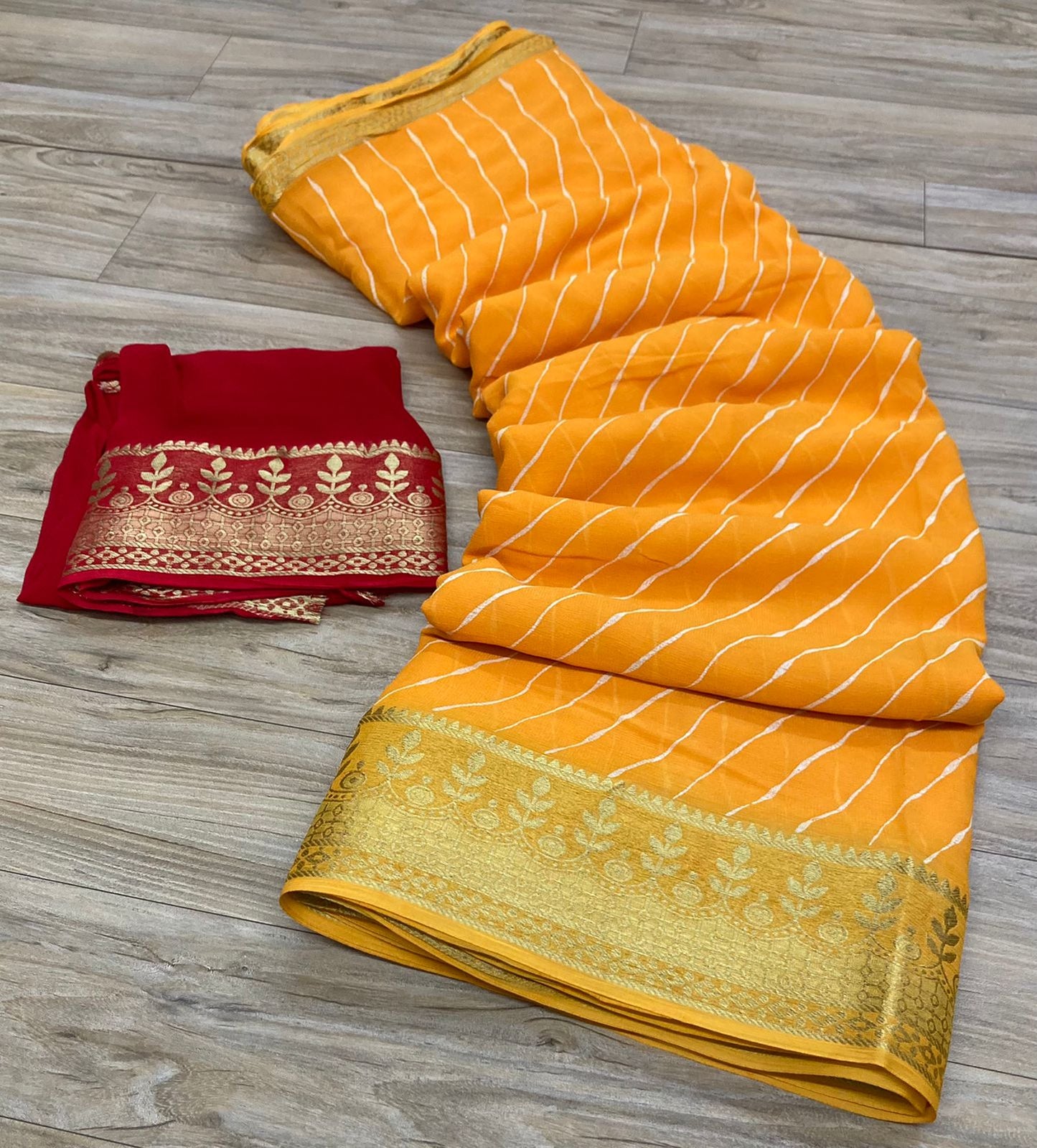 Pure Georgette Leheriya With Banarasi Zari Border Saree