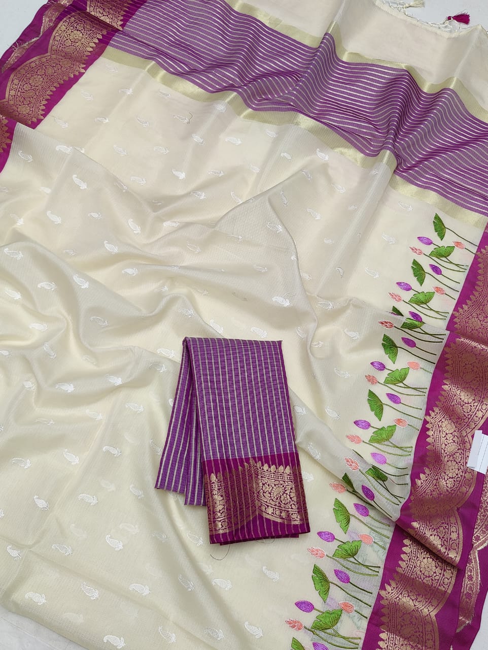 Beautiful Soft Silk Kota Doria Zari & Embroidery  Work Saree