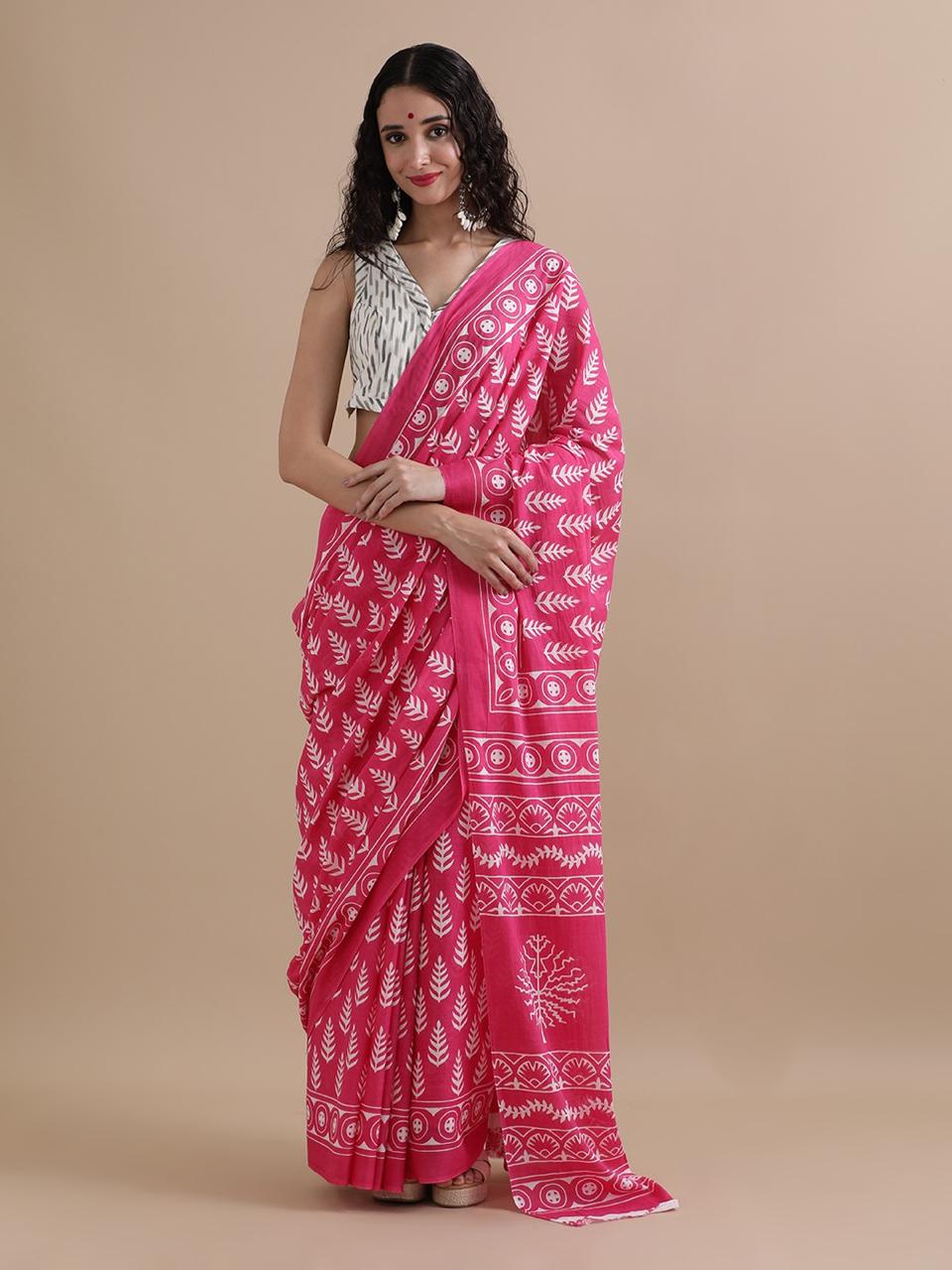 Pure Mulmul Cotton Hand Block Printed Saree With Running Blouse.