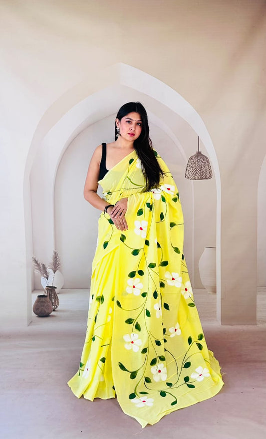 Pure Mulmul Cotton Hand Block Printed Saree With Running Blouse.