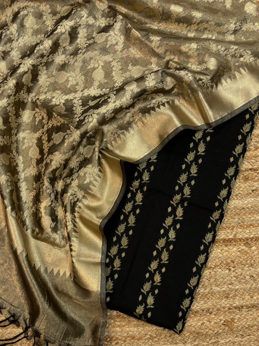 Banarasi Chanderi Zari Work Unstitched Suit With Tissue Zari Jaal Dupatta