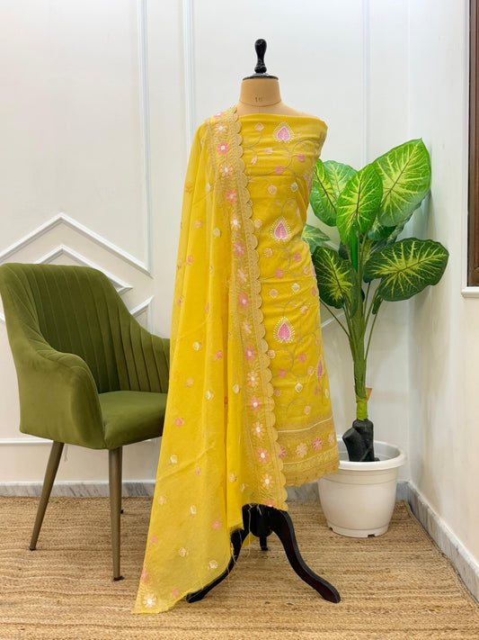 Banarasi Chanderi Embroidery Cutwork Unstitched Suit with Cutwork Border Dupatta