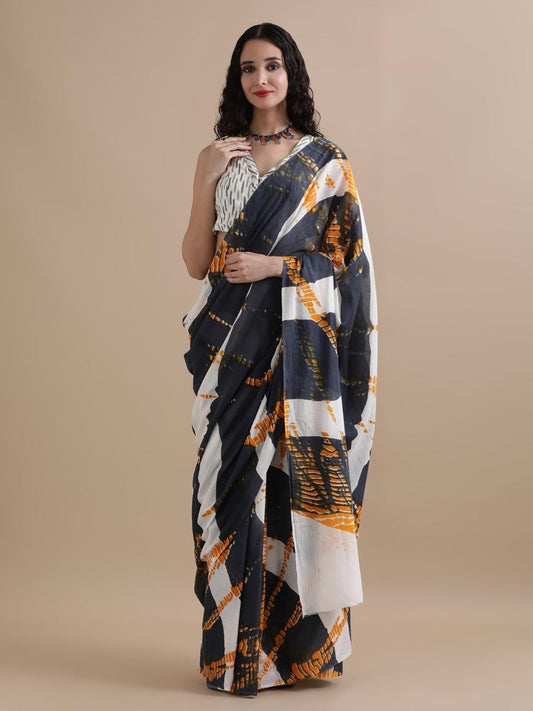 Pure Mulmul Cotton Hand Block Printed Saree With Running Blouse.