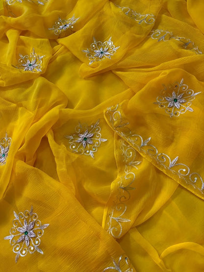 PURE DIAMOND CHIFFON  HANDCRAFTED ZARI AND GOTA WORA SAREE .