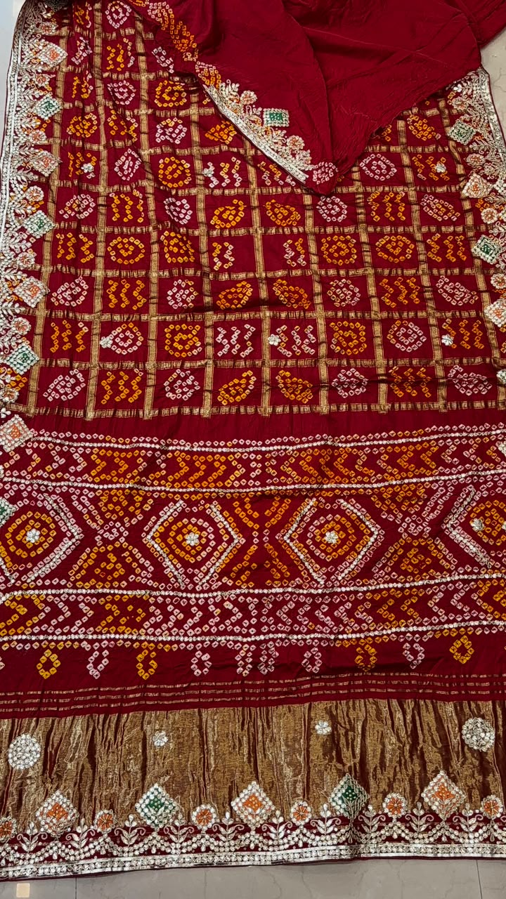 Pure Modal Gajji Silk Bandhej Hand work Gota Patti Work Saree.