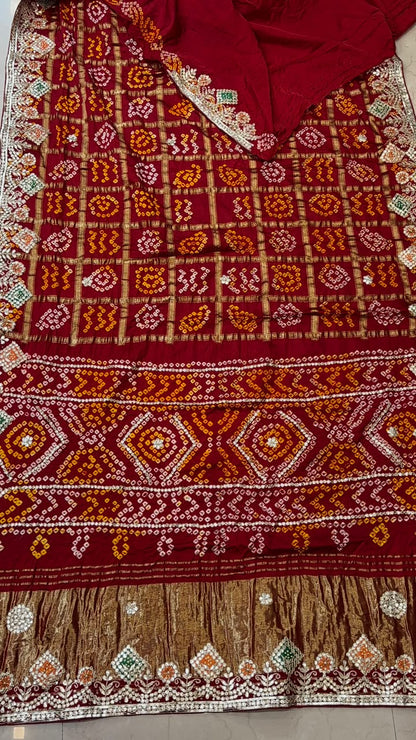 Pure Modal Gajji Silk Bandhej Hand work Gota Patti Work Saree.