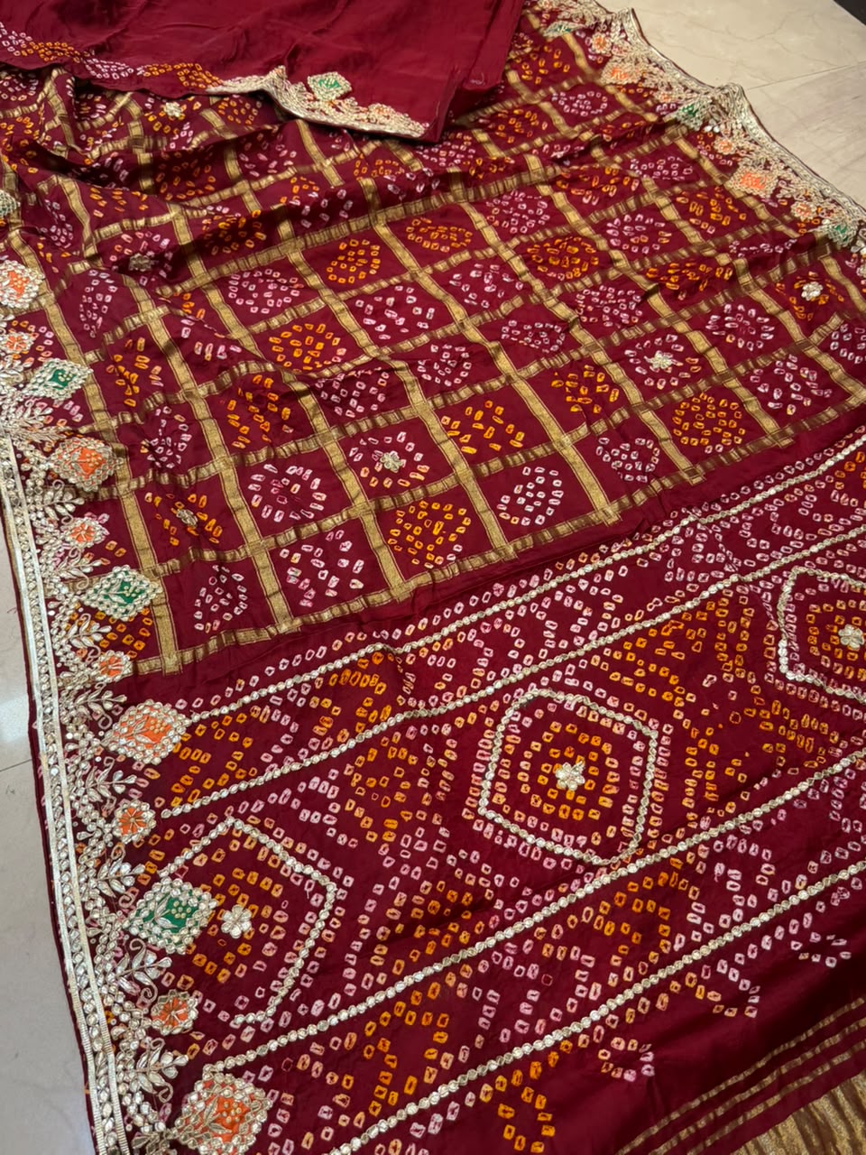 Pure Modal Gajji Silk Bandhej Hand work Gota Patti Work Saree.