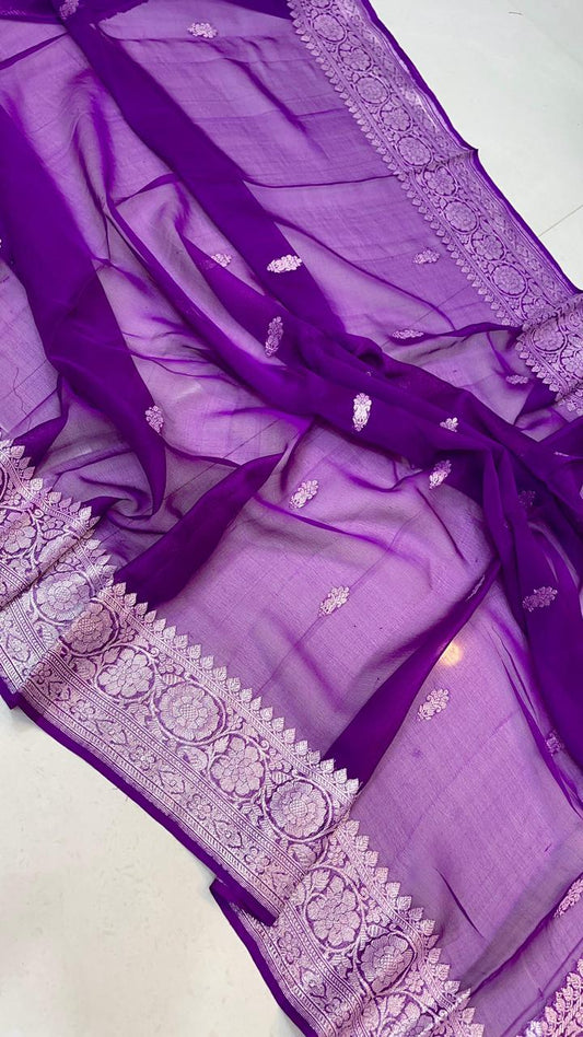 Pure Handloom Khaddi Chiffon Georgette Saree With Silver Zari Weaving Blouse  ( length- 6.3 meter )