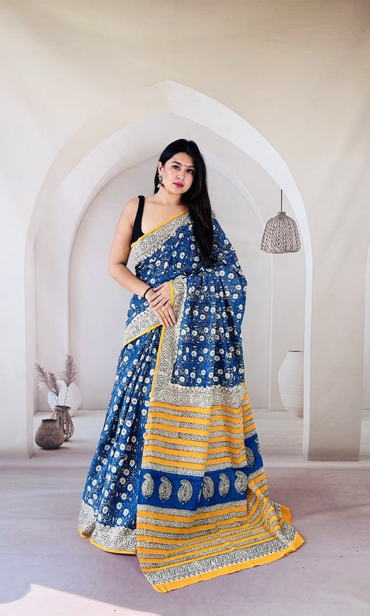 Pure Mulmul Cotton Hand Block Printed Saree With Running Blouse.