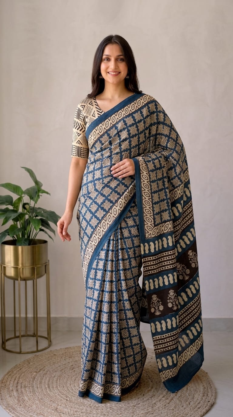 Pure Cotton Hand Block Printed Saree With Blouse.
