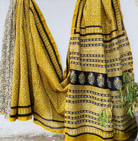 Pure Chanderi Silk Hand-block Printed Saree.