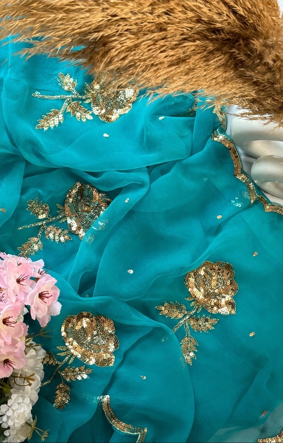 Pure Diamond Chiffon Hand Work Saree.
