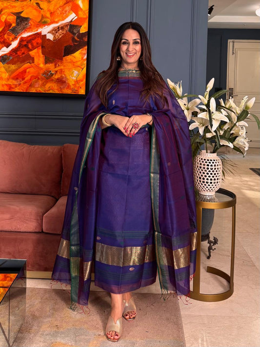 Pure Maheswari Silk Cotton Handwoven Unstitch Suit.
