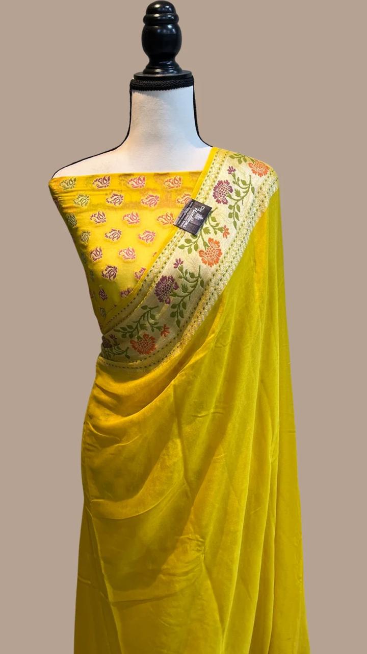 Pure Handloom Khaddi Chiffon Georgette Saree With Zari Weaving Blouse