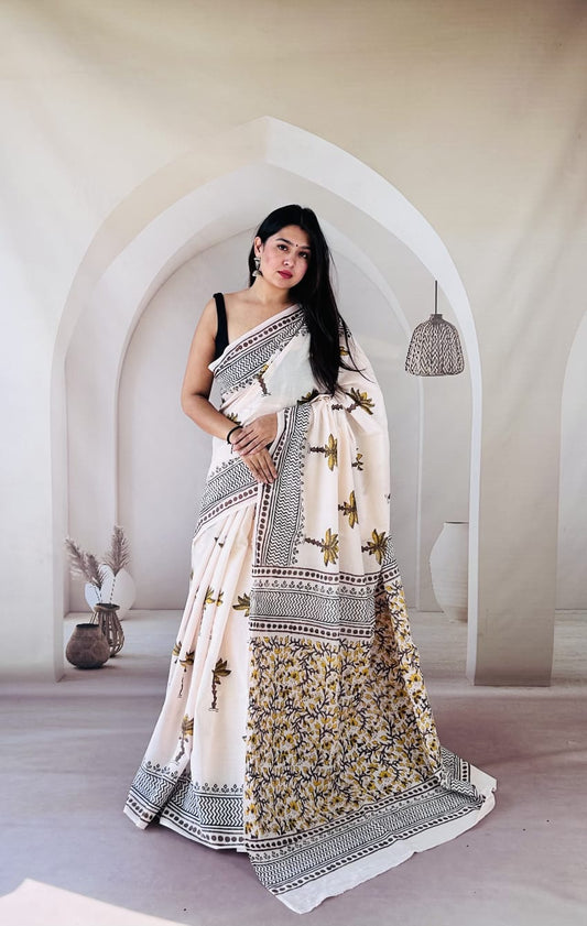 Pure Mulmul Cotton Hand Block Printed Saree With Running Blouse.