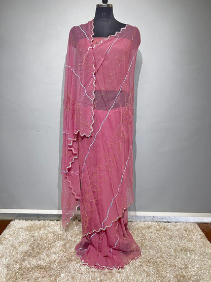 Beautiful Pure Diamond chiffon Hand Sikvans & kardana Work Full jaal Saree