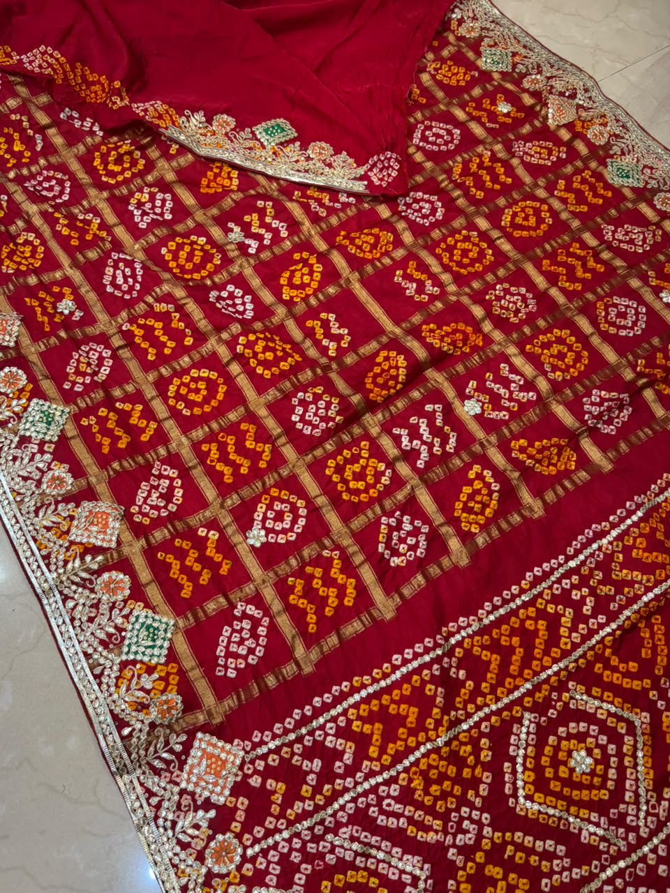 Pure Modal Gajji Silk Bandhej Hand work Gota Patti Work Saree.