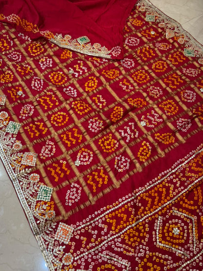 Pure Modal Gajji Silk Bandhej Hand work Gota Patti Work Saree.