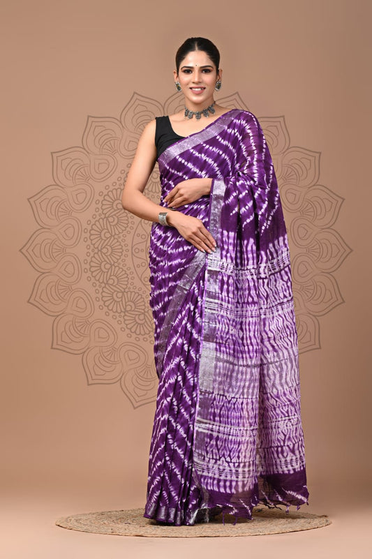 Pure Cotton Linen Hand Block Printed Saree with Blouse.