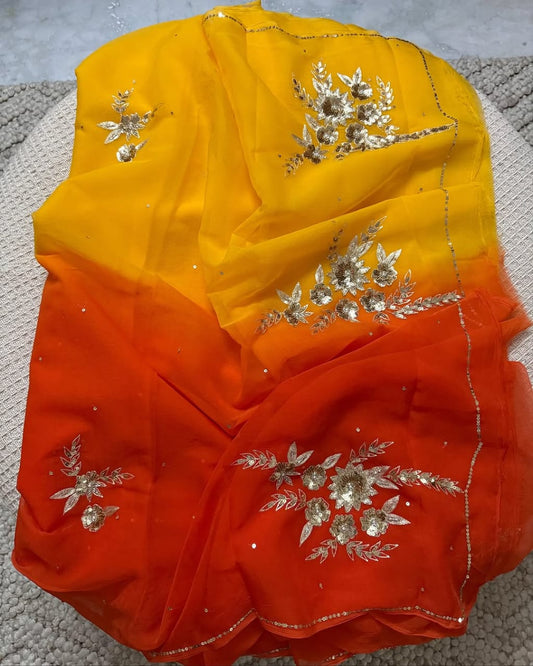 Pure Diamond Chiffon Catdana Hand Work Saree.