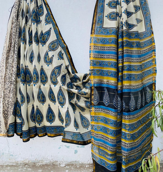 Pure Chanderi Silk Hand-block Printed Saree.