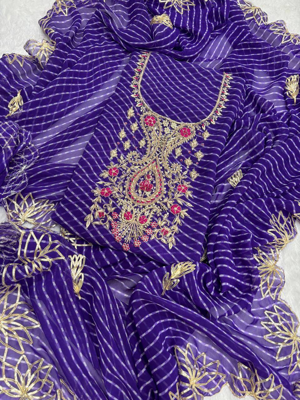 Georgette Gota pati Hand Work Unstitched Suit With Dupata.