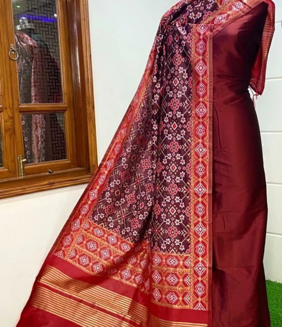 Banarasi Plain Silk Unstitched Suit with Patola Silk Dupatta