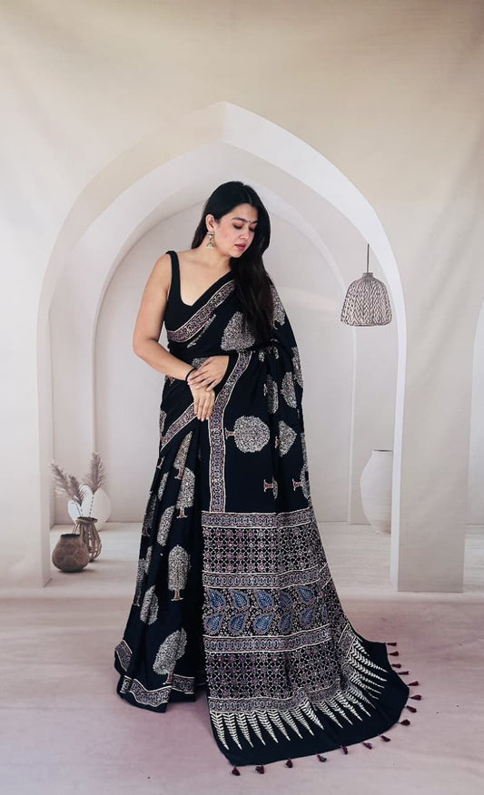 Pure Modal Silk Ajrakh Hand-block Printed Saree.