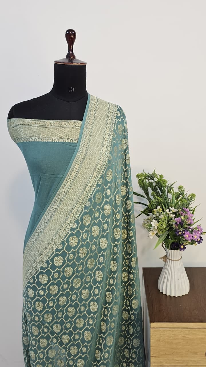 Pure Handloom Khaddi Georgette Saree Zari Work.