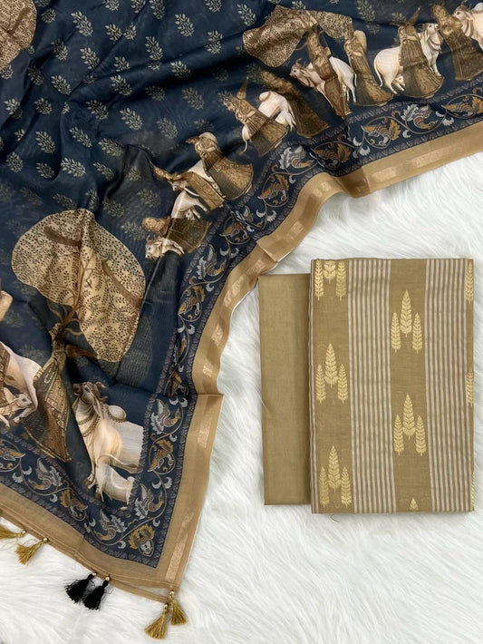 Banarasi Chanderi Zari Work Unstitched Suit With Beautiful Pichwai Dupatta