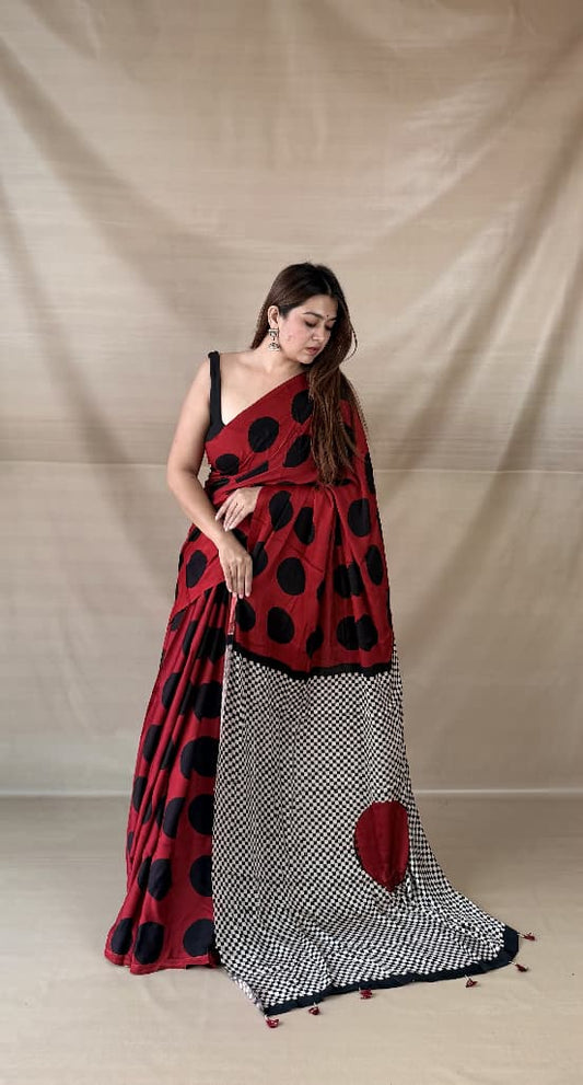 Pure Modal Silk Ajrakh Hand-block Printed Saree.